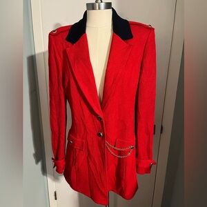 RARE St. John Collection Red & Navy Santana Knit Blazer w/ Gold Buttons Sz 10